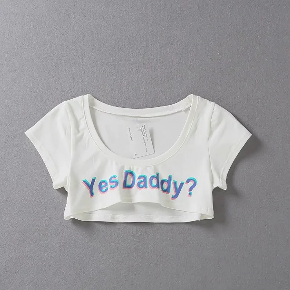 Белый Yes Daddy, хлопковая, летняя, короткая,, Сексуальная рубашка, с буквенным принтом, флирт, модный, короткий топ, мини, эротические Клубные футболки и штаны - Цвет: Белый