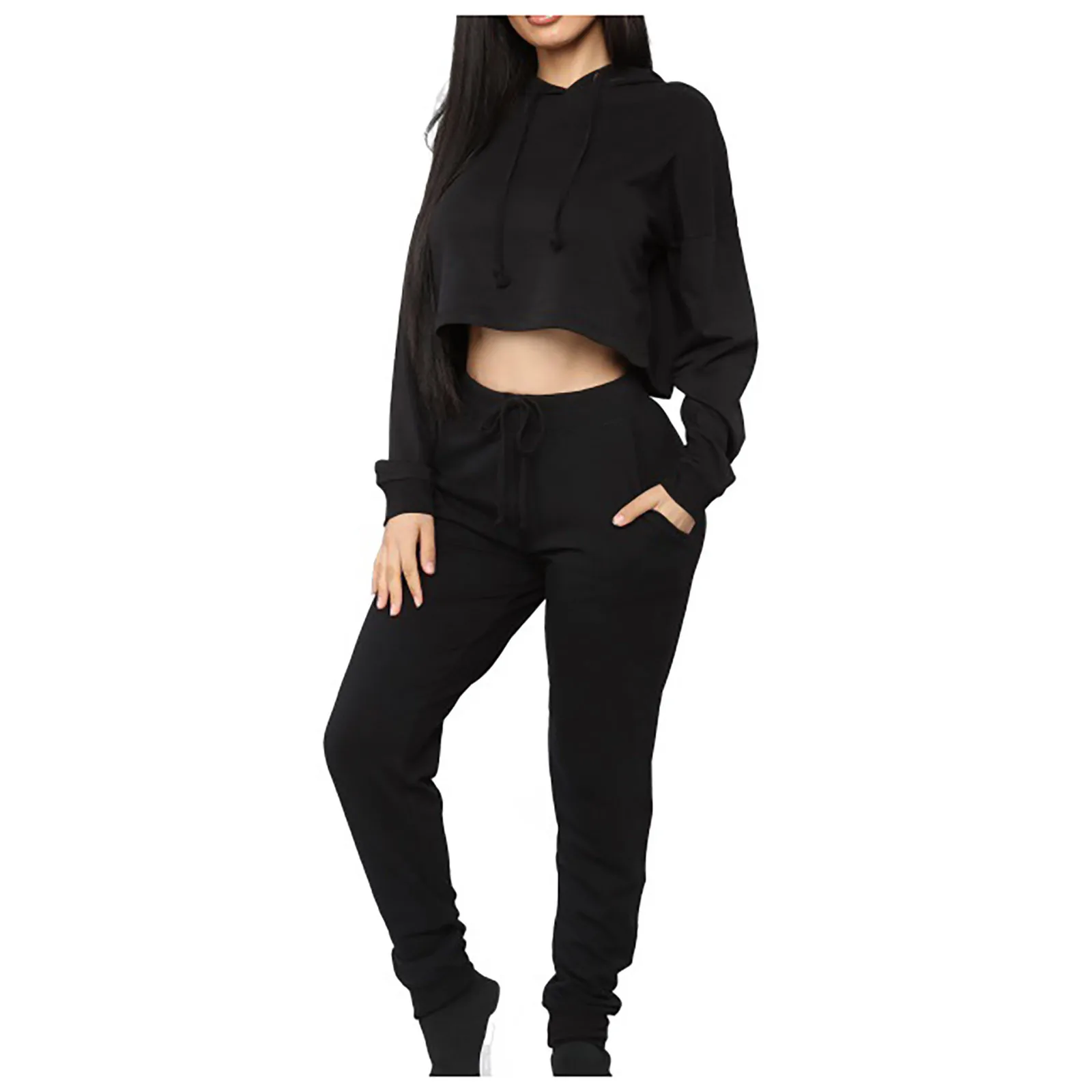 Women's Solid Color Hooded Sportswear Set Casual Homewear Suit Long Sleeve Short Pullover Tops Pants Sports Clothing Tracksuit |
