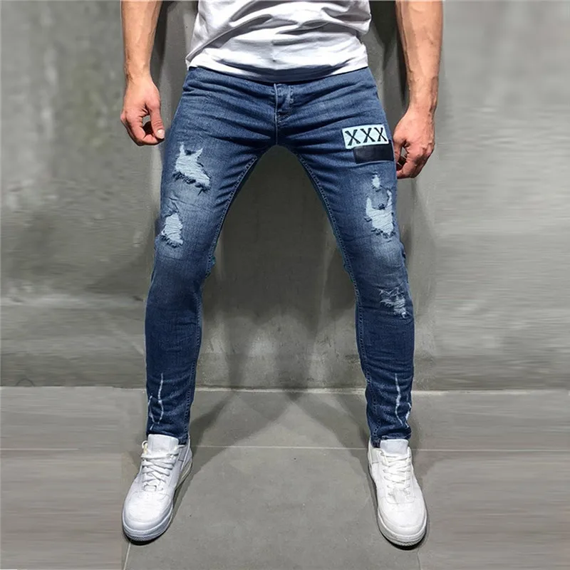 2019 мужские стильные рваные джинсы брюки байкерские узкие прямые потертые