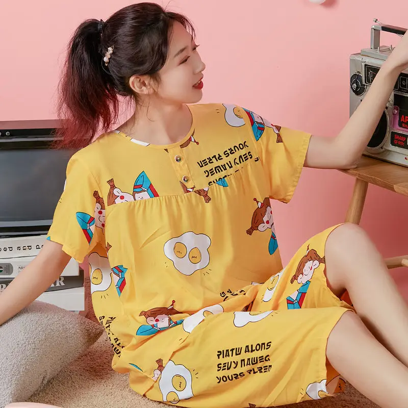

2021 Spring Summer New Poplin Women's Short-Sleeved Suit Home Wear Thin Plus Size Urban Leisure Home Pajamas