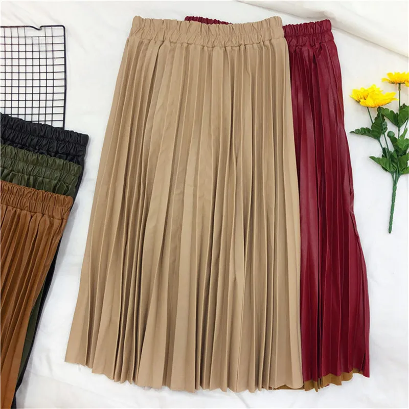 Женская плиссированная юбка Uumaysari Весенняя кожаная трапециевидная средней длины