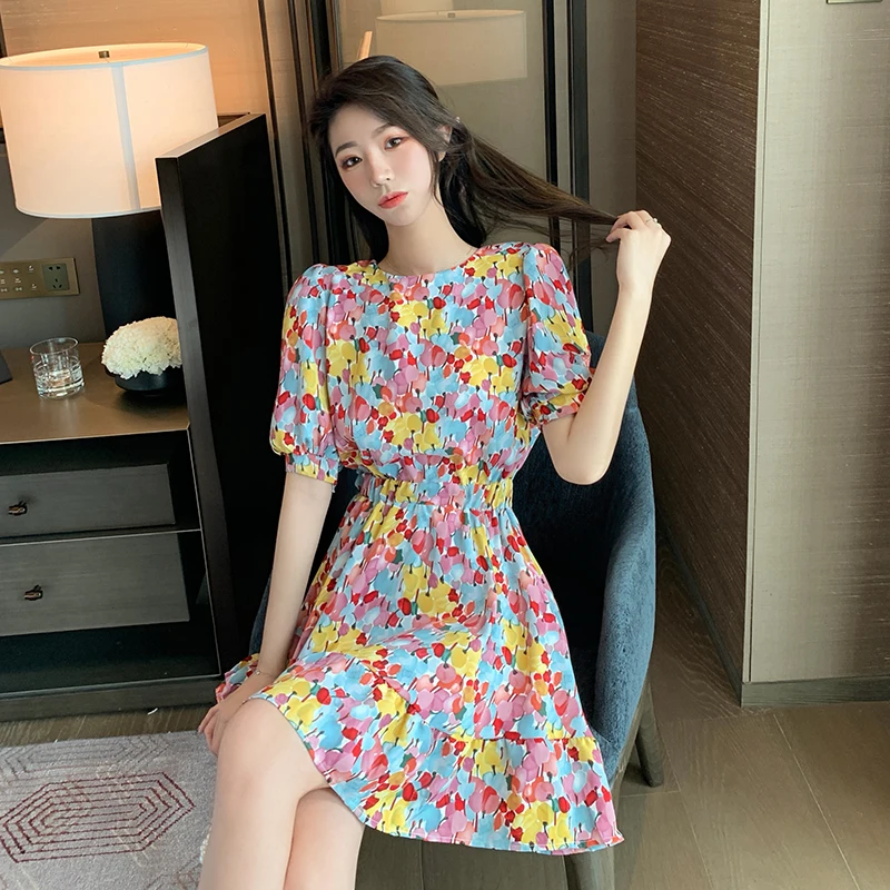 

Ladies Summer Slim New Vintage Floral Print Mini Dress Female Puff Sleeve Dress Women High Street Fashion Elegant Vestidos ML145