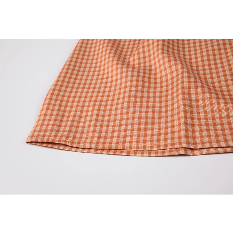 

Plaid Women Crop Dresses Summer 2021 V Collar Casual Buttons Dress French Puff Short Sleeve Fairy Dress High Waist Ins Vestidos