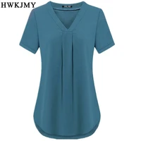 summer womens clothing casua sexy v neck short sleeve shirt solid color loose pleated chiffon t shirt tops plus size tee s 6xl