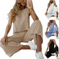 womens two piece cotton linen leisure suit sleeveless solid casual slim fit loungewear top pants set fashion clothes summer