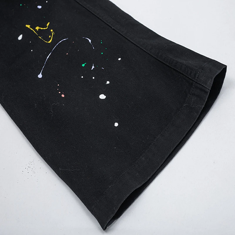 

ELKMU Hip Hop Streetwear Vintage Jeans Splash Ink Print Denim Pants Men Harajuku Fashion Trousers Black Jeans Male HE832