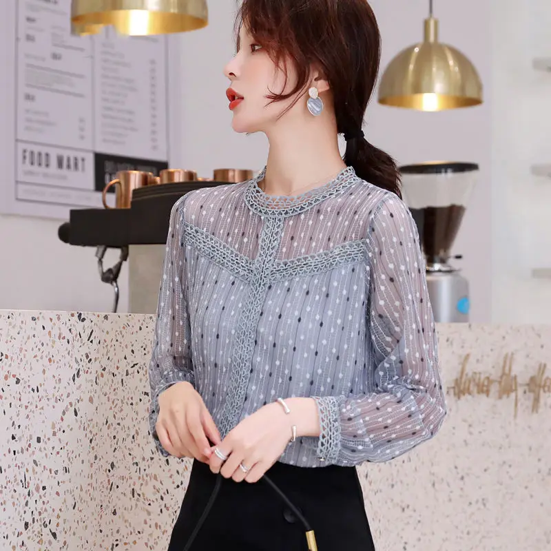 Spring Autumn Style Women's Lace Hollow Out Shirts la Polka Dot O-neck Mesh Blouse Long Sleeve Elegant Casual Tops