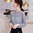 Женская кружевная блузка в горошек, Повседневная сетчатая блузка с круглым вырезом и длинным рукавом, весна-осень