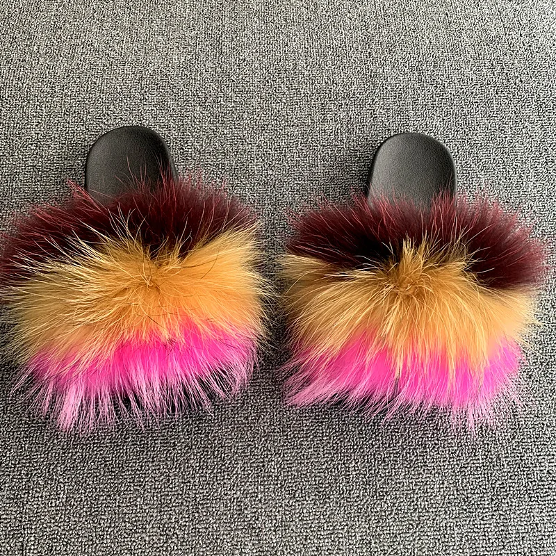 

Summer Ladies Rainbow Fox Fur Fluffy Slippers Women Lovely Plush Real Fox Hair Slides Party Furry Beach Flip Flops Women Sandals