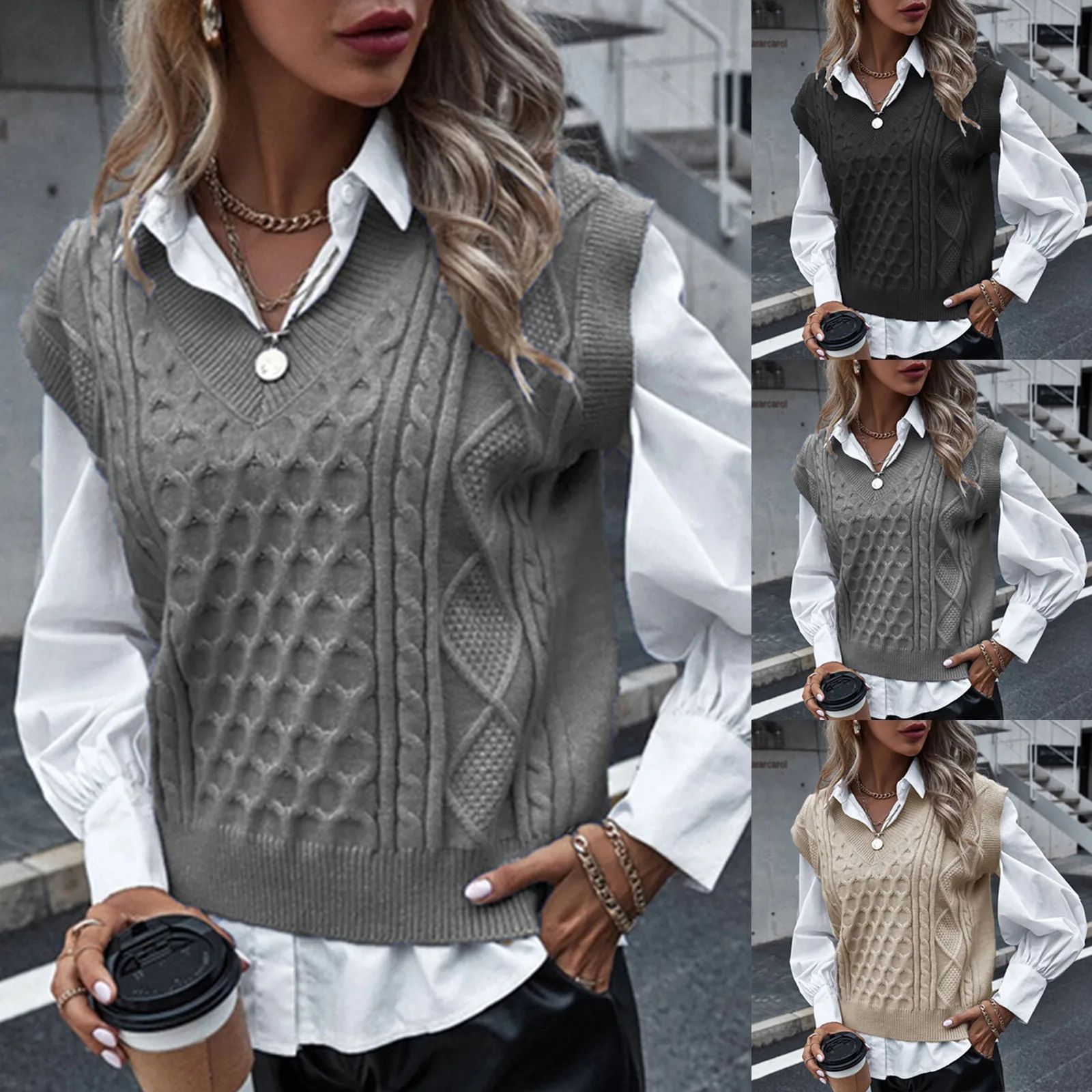 

Женский свитер в стиле преппи, однотонный Свободный вязаный пуловер без рукавов с V-образным вырезом, повседневный джемпер, топы