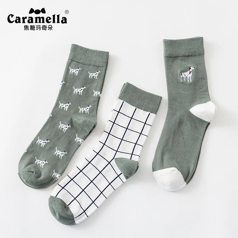Caramella Men's Crew Socks Cotton Made Animal Jacquard Embroidery Socks Cotton 3 Pairs/Lot