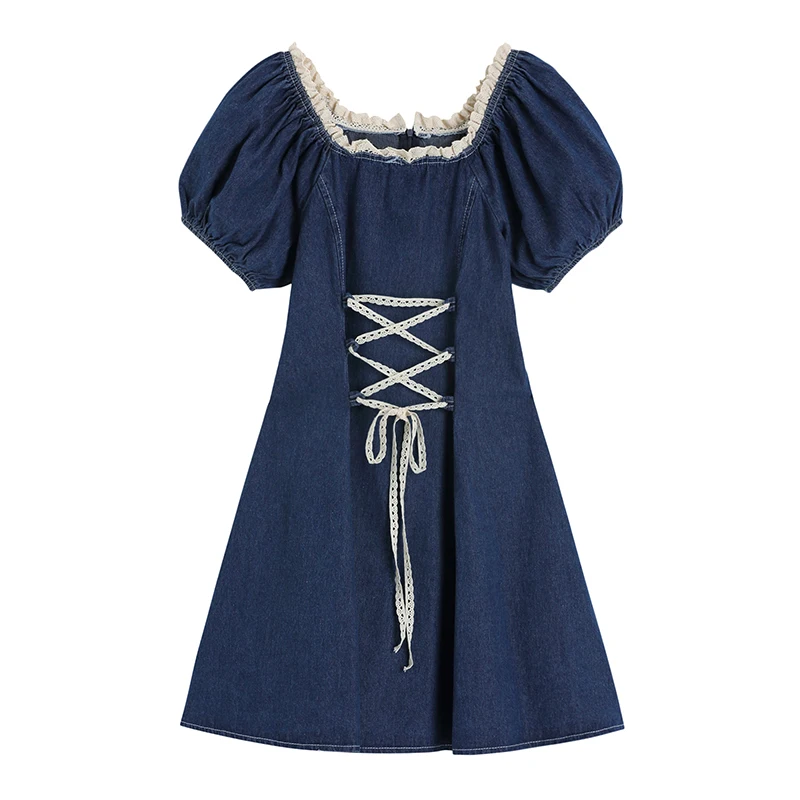 

ZCSMLL платье с коротким рукавом на шнуровке с пышными рукавами тонкое корейское модное нижнее джинсовое летнее осеннее повседневное женское ...