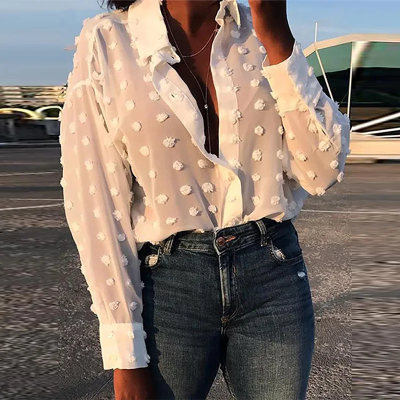 Женская Повседневная рубашка в горошек с длинным рукавом |