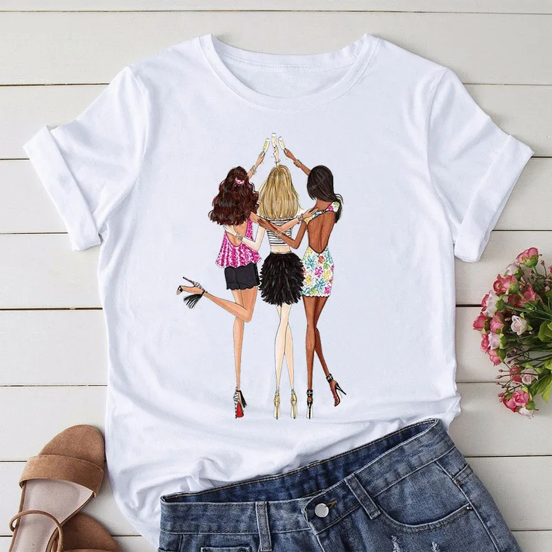 

Women korean styles White Tees Beautiful Girl Print T Shirt Women Tops Loose Summer Funny Short-sleeve Chic T-shirt