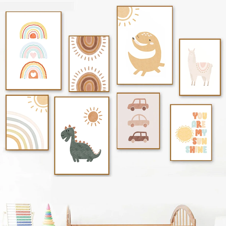 

Cartoon Dinosaur Alpaca Moon Sun Rainbow Nursery Wall Art Print Canvas Painting Nordic Poster Wall Picture Baby Kids Room Decor