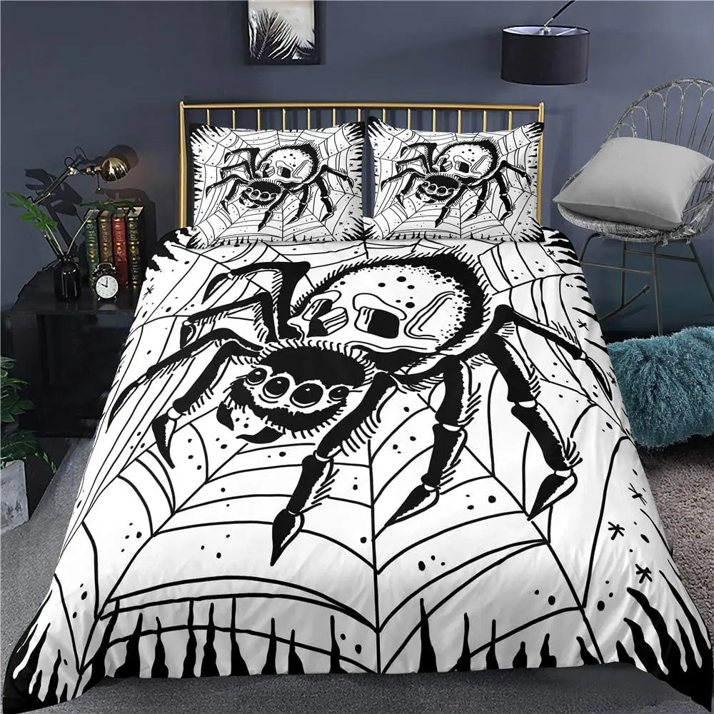 

Halloween Skull Bedding Duvet-Cover-Set of Kids - Spider Skull Boho Gothic Skull Skeleton Bones Theme Bed Comforter
