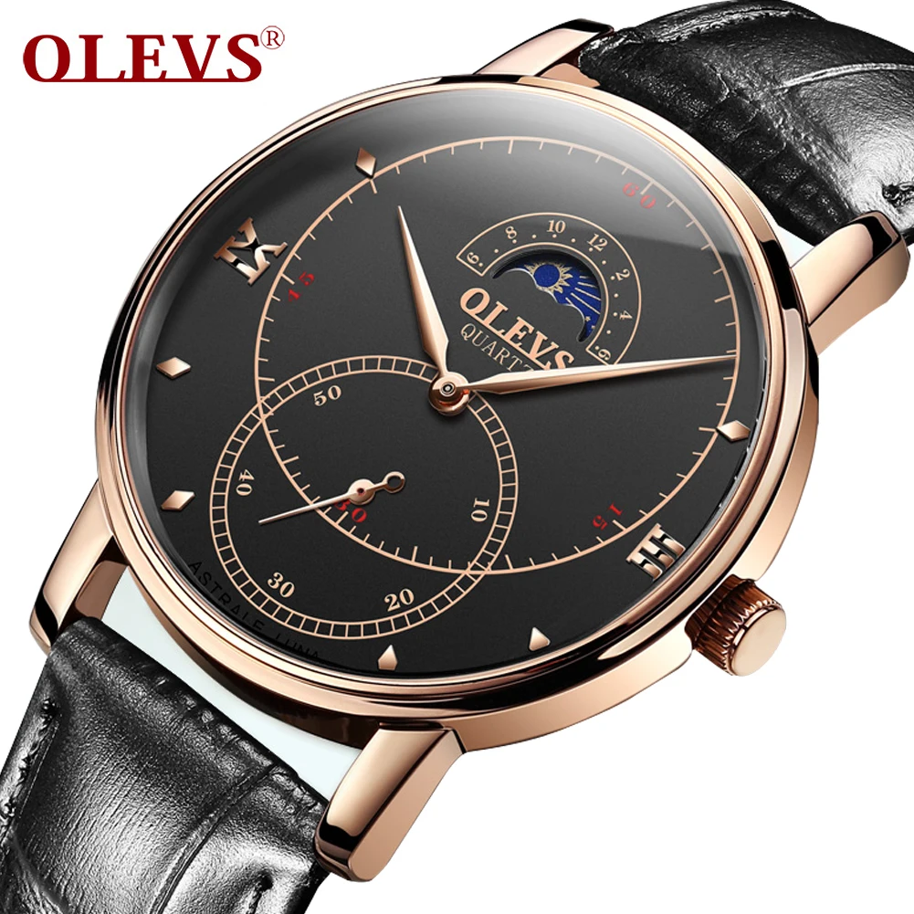 OLEVS часы Moon Phase лучший бренд роскошные мужские кожаные модные наручные кварцевые