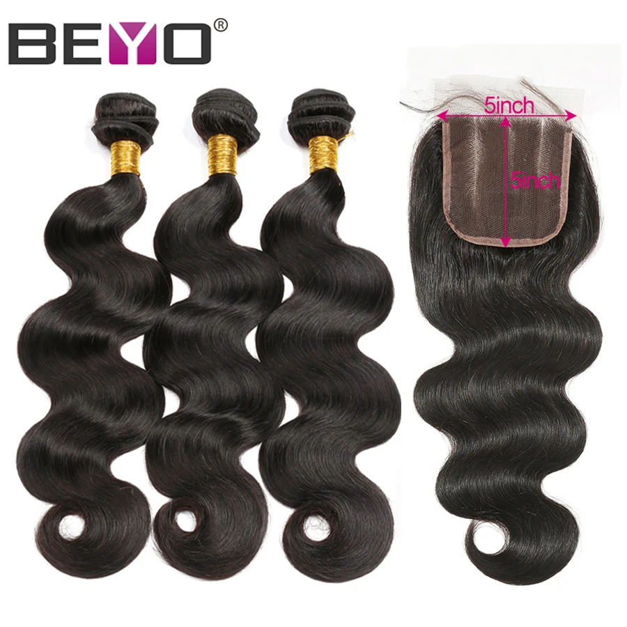 Объемные волнистые пучки с бразильские волосы закрытием переплетение 5x5 кружева