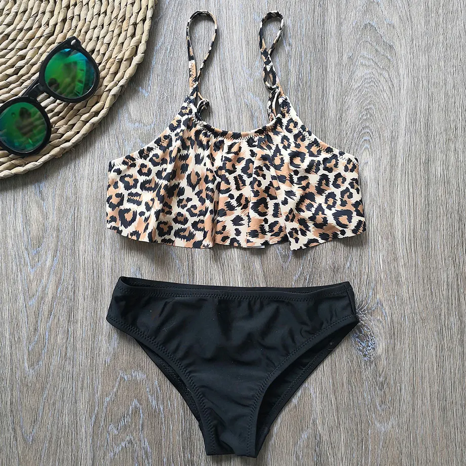 

6-14 Years Girl Swimsuit Kids Swimwear Leopard Teenage Girl Bikini Set Falbala Two Piece Children's Swimwear Girls Bathing Suit