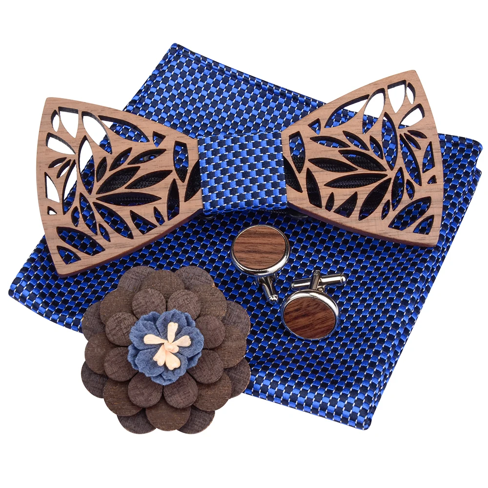 Полый резной деревянный бабочка Карманный платок в стиле Пейсли набор темно