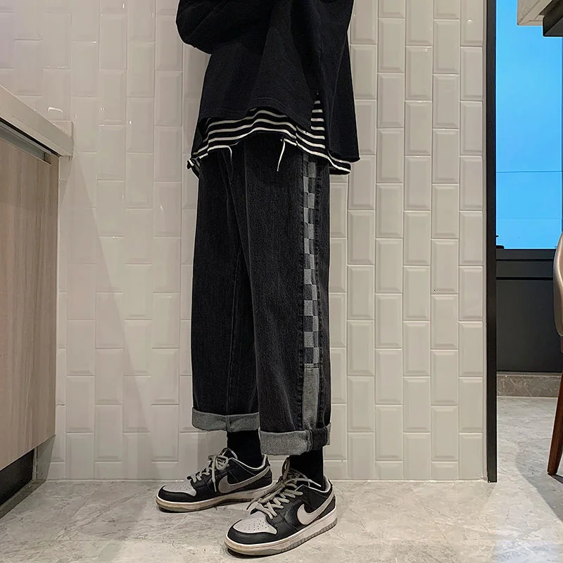 

Мужские прямые джинсы в клетку, повседневные свободные брюки в стиле ретро