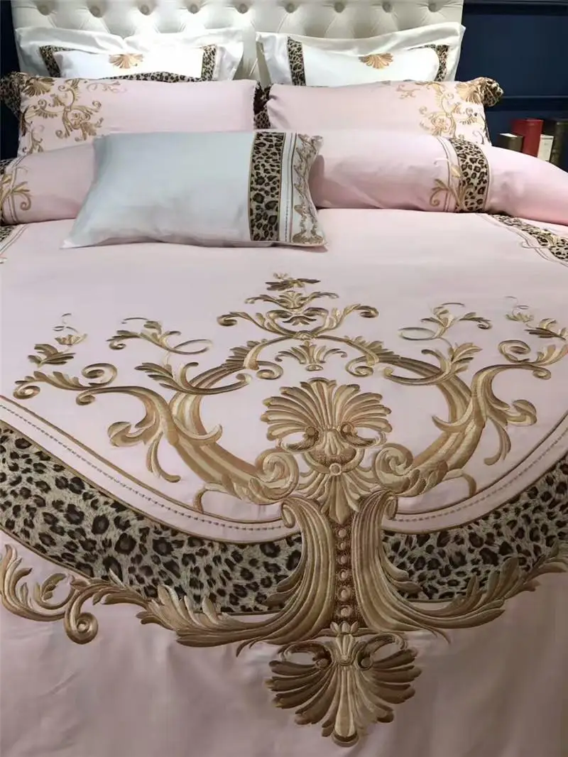 

Luxury Egyptian cotton gold embroidery Pink lady style bedding sets queen king size wedding duvet cover bed sheet set pillowcase