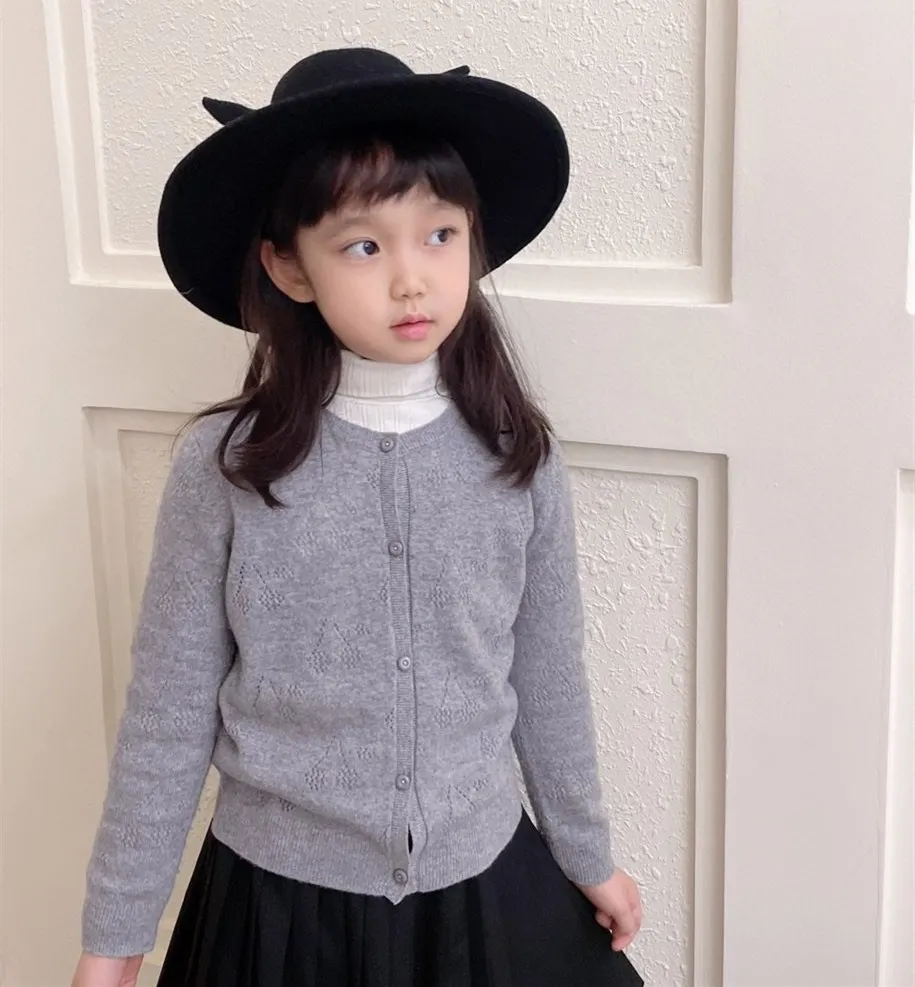 

Children's cardigan light grey Cashmere blend knitted openwork sweater Cherry pattern solid knit cardigan
