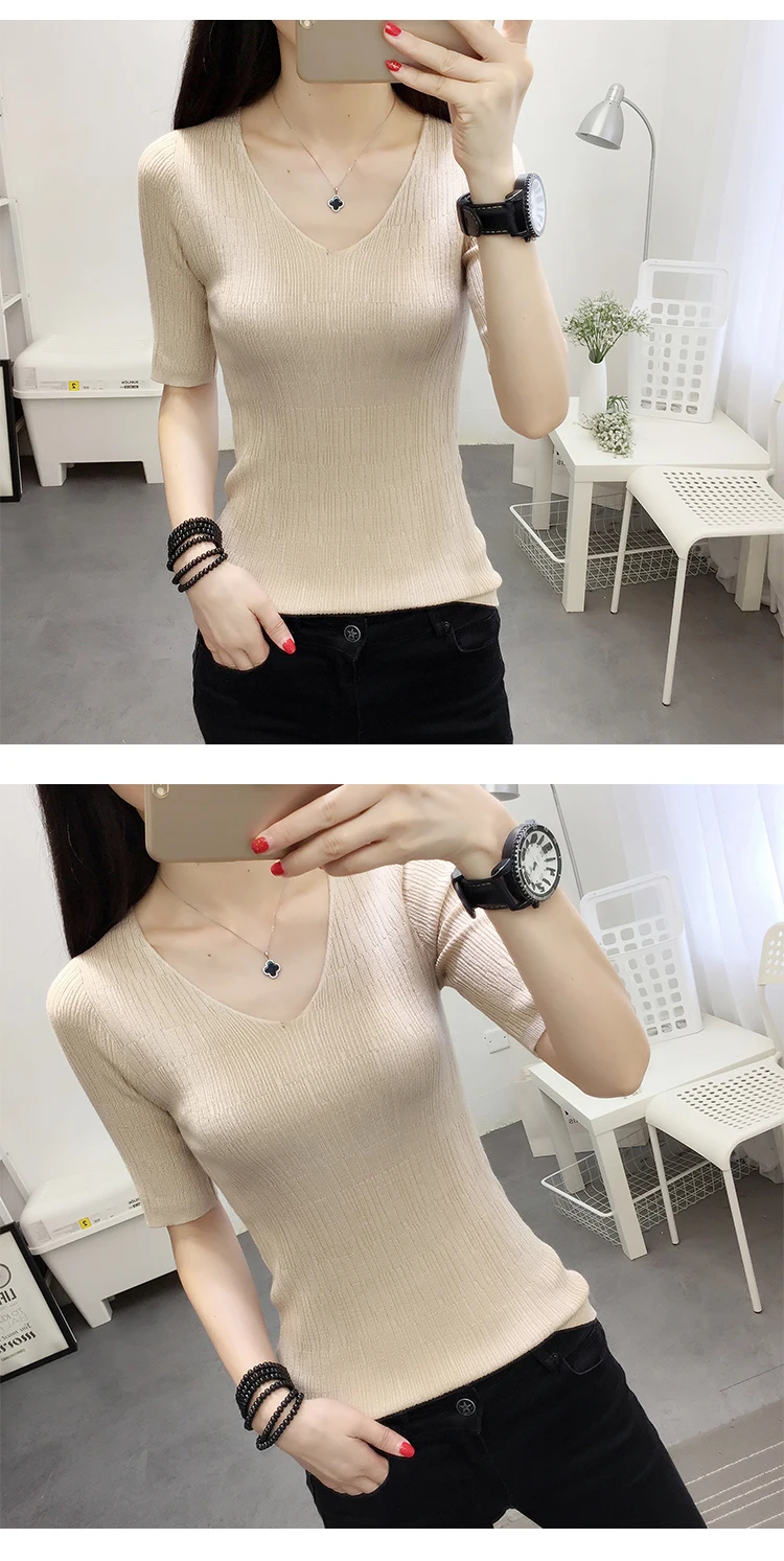 OHCLOTHINGnew style2019, короткий рукав, хлопок, круглый вырез, свитер, Женский рукав, голова, рукав, рубашка, пять, Одноцветный, плотный свитер, тонкий, ремонт