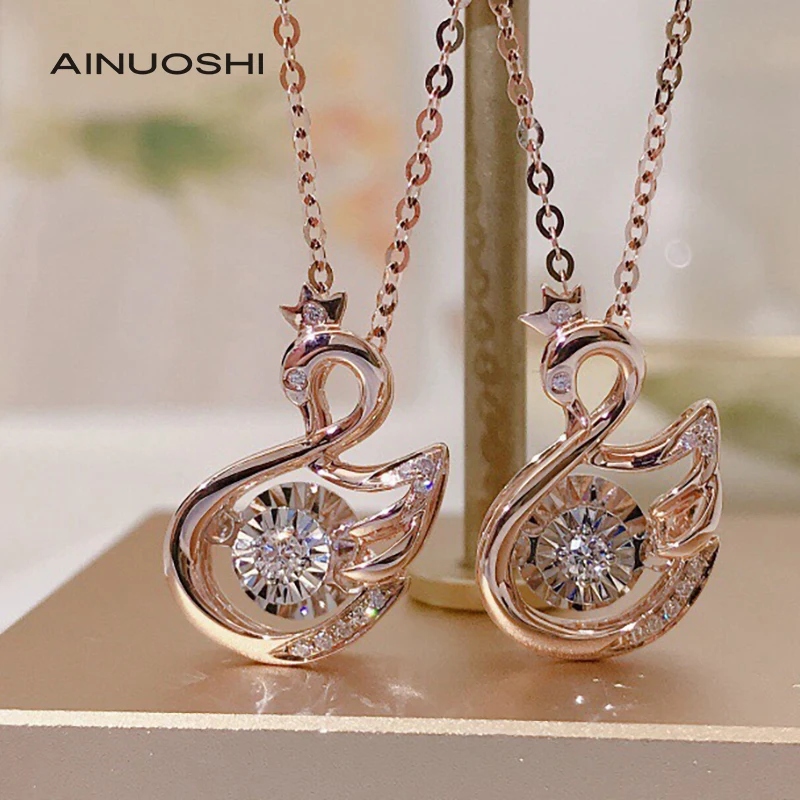 

AINUOSHI 18K Gold 0.055 Carat Natural Diamond Cute Swan Dancing Pendant Necklace Anniversary Trendy Jewelry For Women 18''