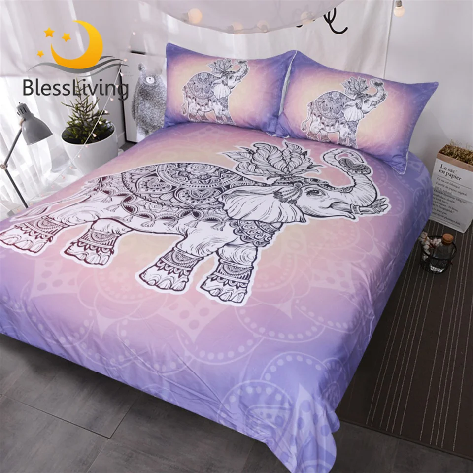 

BlessLiving 3 Piece Royal Elephant Bedding Turtle Bed Set Mandala Lotus Duvet Cover Art Pretty Pink Lavender Bedspread