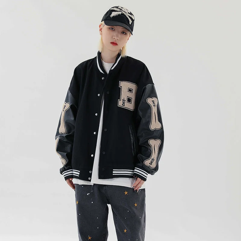 

2021 Hip Hop Furry Bone Patchwork Color Block Jackets Mens Harajuku Streetwear Bomber Jacket Men Baseball Coats Unisex