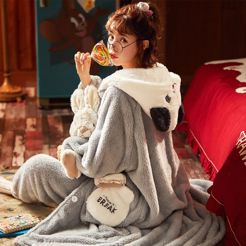

Women Sleepwear Medium Style Plus Size Winter Pajamas Set Loose Version Keep Warm Intensification Pyjamas Plush Nightgown Hooded