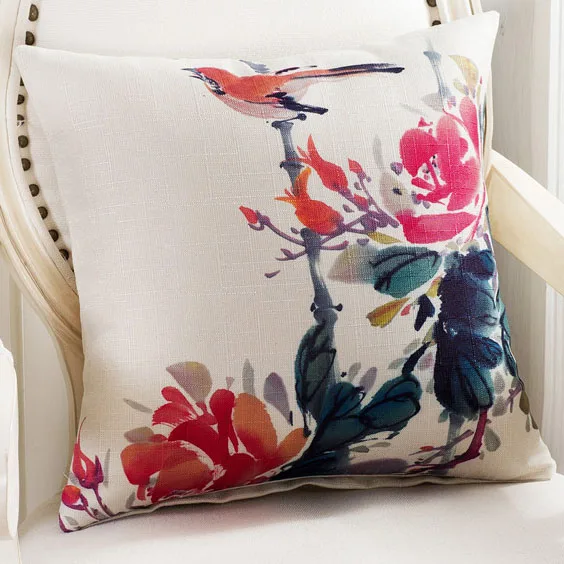 Весенняя наволочка с изображением цветов и птиц 45x45 хлопчатобумажная льняная для