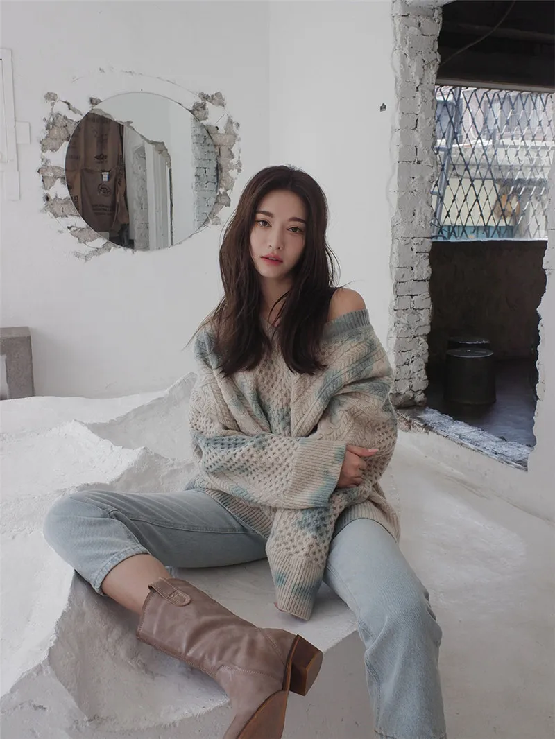 

Retro Women Sweaters V-neck Loose Linen Irregular Dye Long Knit Pullovers Korean Fashion 2020 Autumn Hot Pink Tops High Street