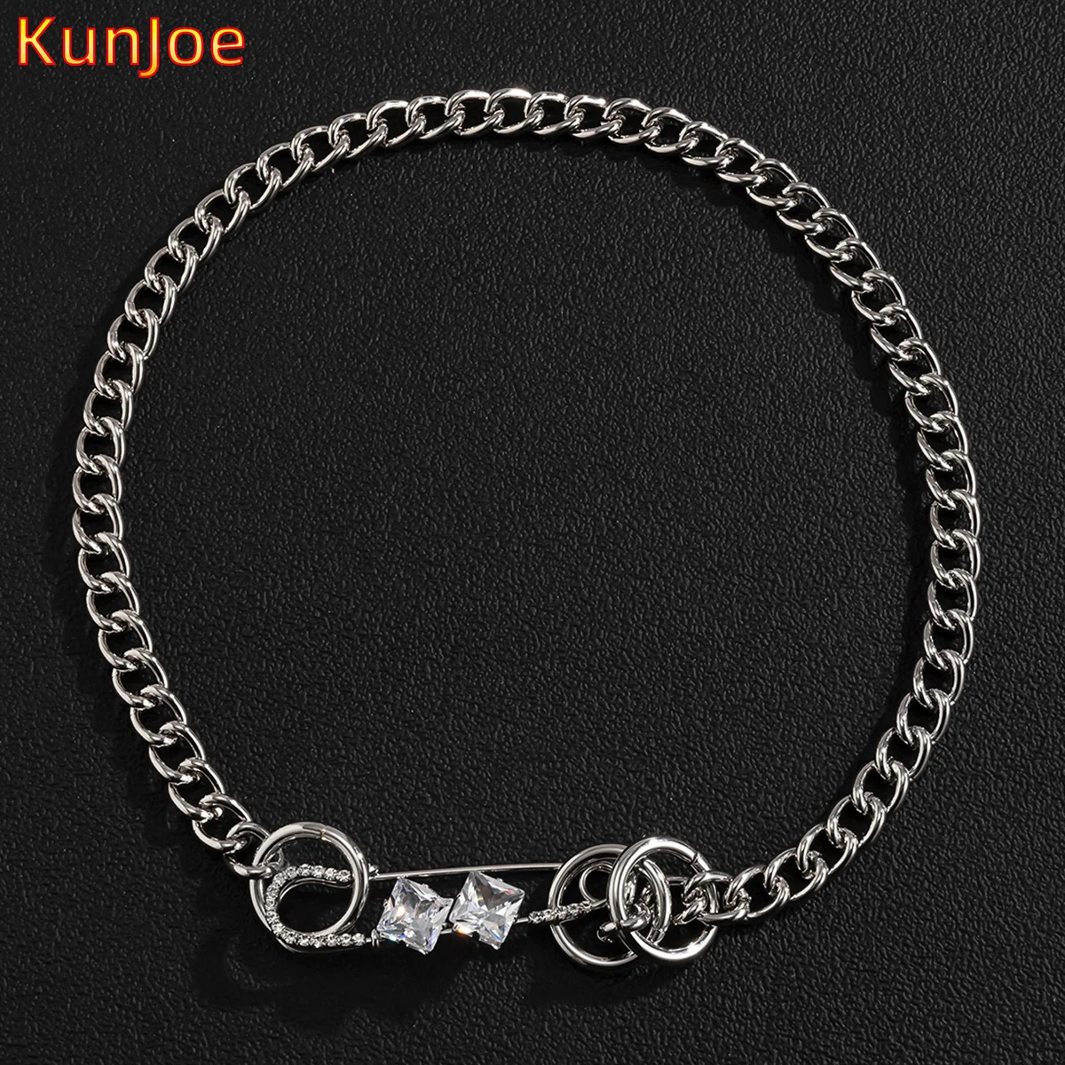 

KunJoe 2021 New Unique Paper Clip Safety Pin Pendent Necklace Bling Cubic Zirconia Punk Necklace For Women Fashion Charm Jewelry
