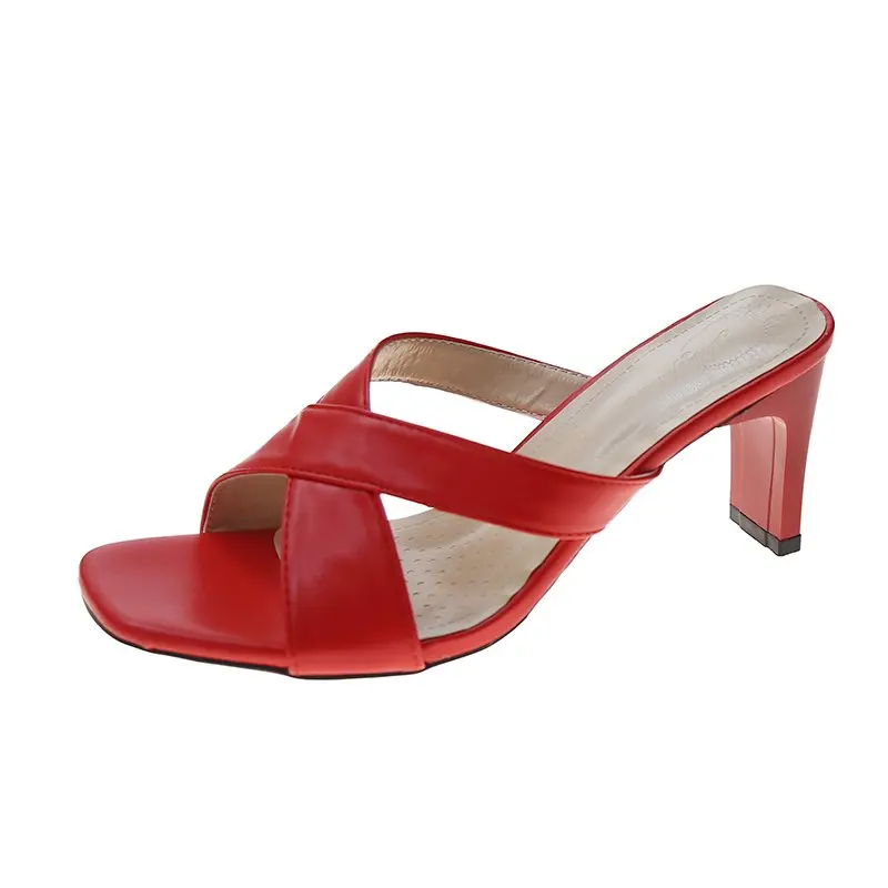 

2021 New Summer Korean-Style Fish-Mouth Word Cross Sandals and Slippers Women's Mid-Heel Toe Loop Fashion Shoes