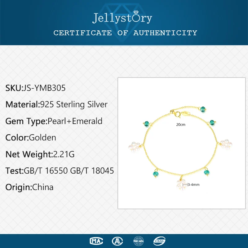 Jellystory 925 пробы Серебряный браслет для женщин с натуральным жемчугом зеленый изумруд браслеты из драгоценных камней вечерние подарок золотой цвет