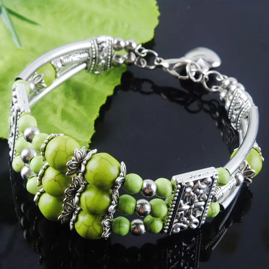 

WOJIAER Tibetan Antique vintage Bracelet Turquoises Gem Stone Round Beads Bracelet Cuff Bangle Jewelry 6.5"-7" PZ609