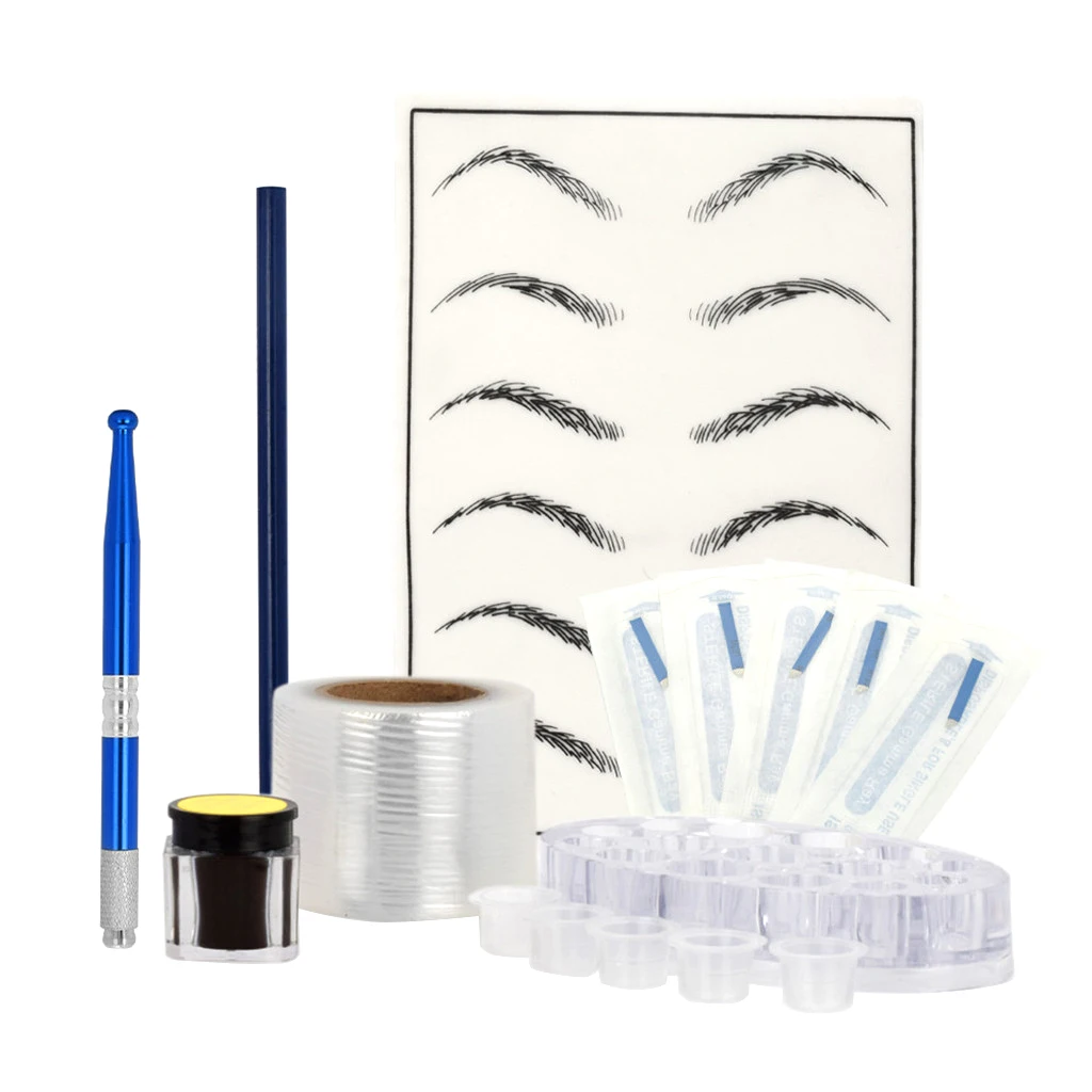 

Permanent Makeup Eyebrow Set Needles Tattoo Pencil Pen Practice Skin Pigment Cup Holder Preservative Film