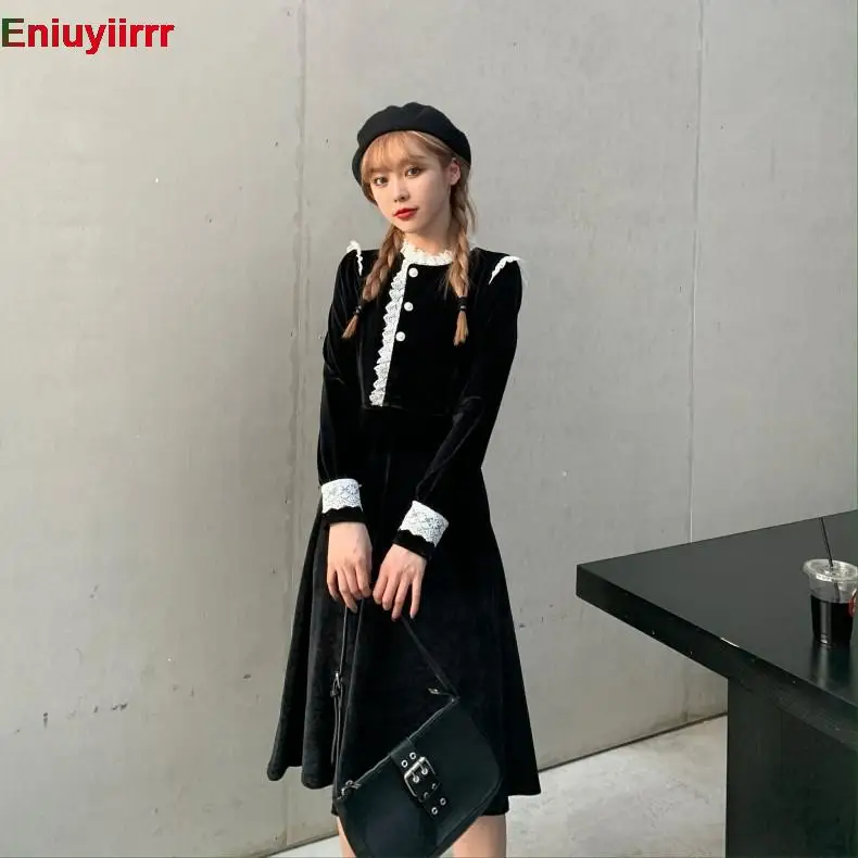 

Women 2022 New Year Winter Spring Cute Patchwork White Lace French Black Long Elegant Retro Vintage Velvet Dress