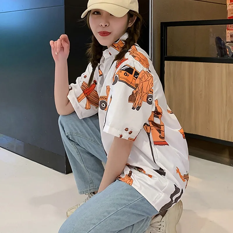 

Personality Cartoon Print Shirt Retro Style Short Sleeve Shirts Fashion Loose Lapel Shirts Casual Tops Women Blouses