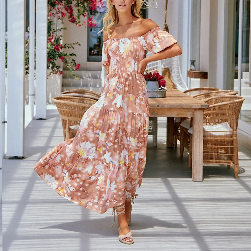 

Summer Printed One Shoulder Sleeve Dress Chiffon Long Dress High Waist Leisure Vacation Dress Fashion Hot