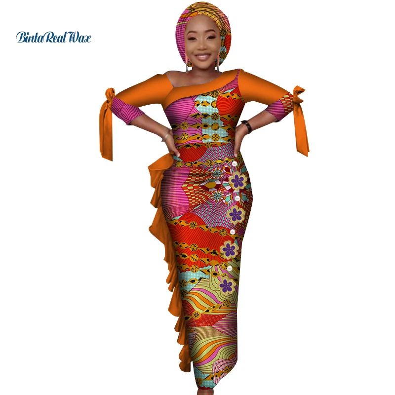 

African Dresses for Women Print Strap Bow-Tie Long Dresses Vestidos Bazin Riche African Draped Ankara Dress Clothing WY4084