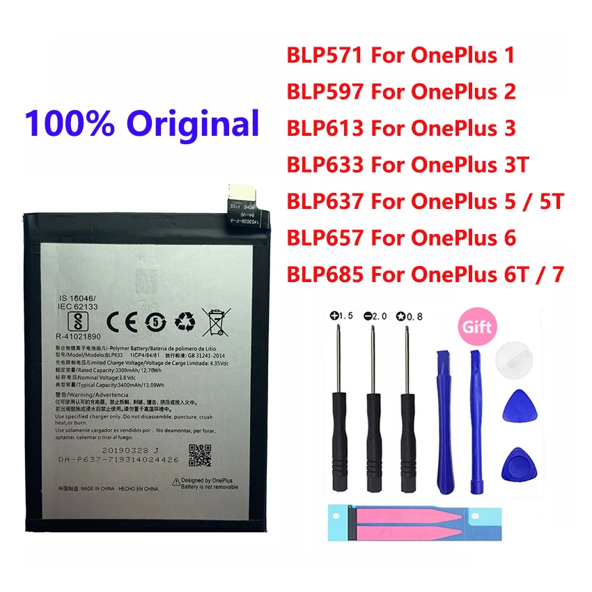 

100% Original Replacement Battery For OnePlus 1+ One Plus 1 2 3 3T 5 5T 6 6T 7 BLP 571 597 613 633 637 657 685 Phone Batteries
