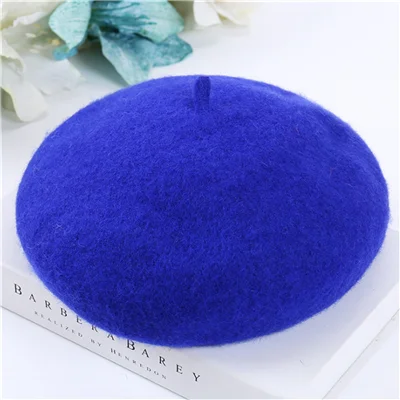 Blue Женские Зимние береты, шапка в стиле художника, женские шерстяные винтажные береты, однотонные кепки, женская шапка, теплая прогулочная шапка - Цвет: Blue