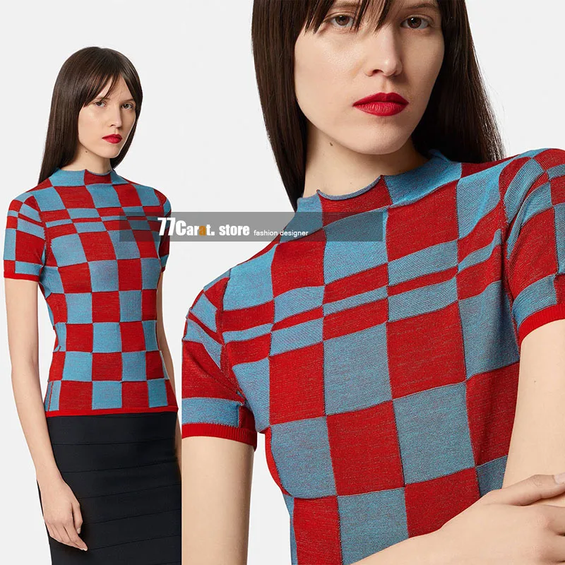 

luxury graphic tee t shirts for women fashion knit plaid jacquard designer short sleeve woman tshirts high end sexy tops clothes