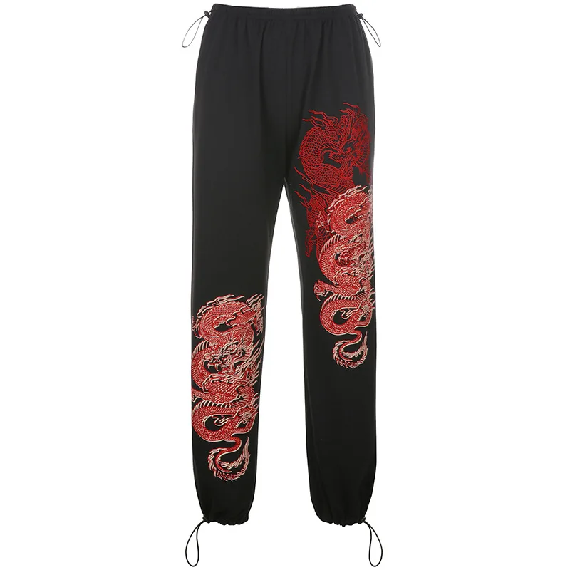 

HOUZHOU Dragon Embroidery Sweatpants Autumn Fashion Black Joggers Women Loose Streetwear Hip Hop Sweat Pants Women Trousers