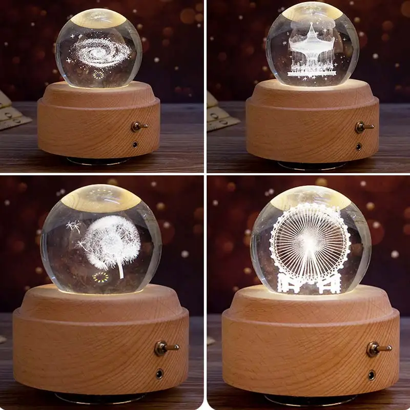 

Creative Moon Crystal Ball Music Box Wooden Luminous Music Box Rotary Innovative Festive Home Decor For Birthday Christmas Gifts