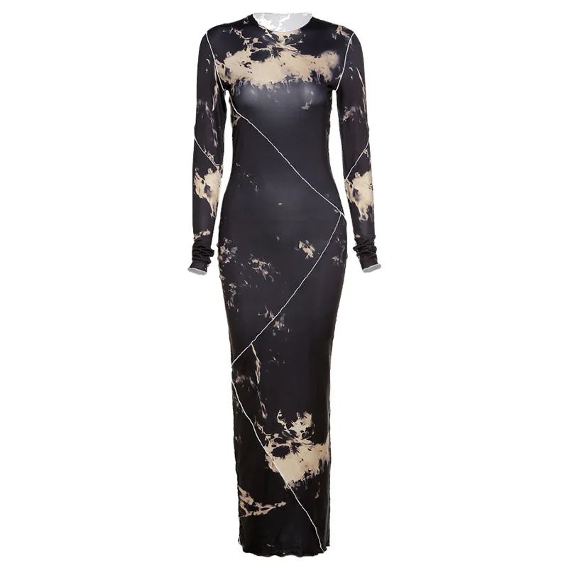 

Bodycon Tie Dye Long Sleeve Maxi Pencil Dress Women Patchwork Flexible Streetwear Female Autumn Basic Casual Activity Clothes