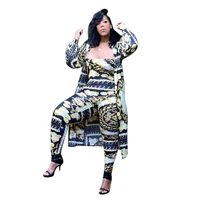 stylish lady geometric printed 3 piece set women crop top long pant and trench coat suit 2021 autumn club party outfits outwear
